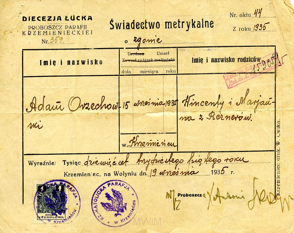 KKE 129.jpg - Akt zgonu Adama Orzechowskiego, Krzemieniec, 19.IX.1935 r.